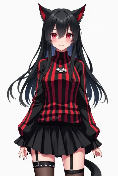 Create an anime girl with long black hair who has a long-sleeved shirt with black and red stripes that is a wolf, a short black skirt, stockings with a garter with a black strap on the right leg