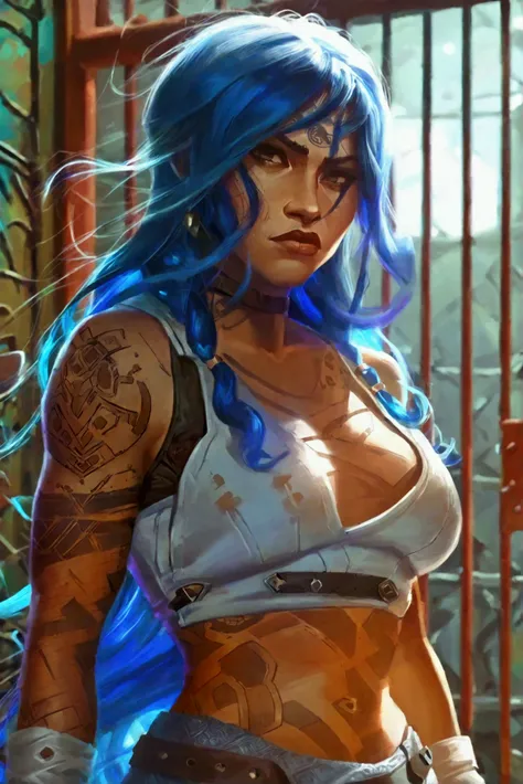  A fighting and strong woman wearing cloth clothes textured pants, white shirt with a leather vest ,  her long blue hair with a flashing aura ,  with several tattoos on her body and a background in a prison  