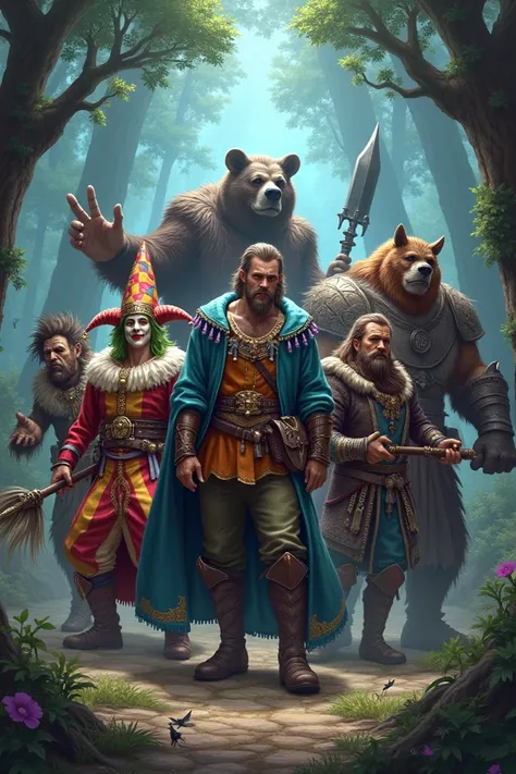 human male jester and a human male mercenary and a cat sorcerer and a goblin and an armored bear and a human male barbarian