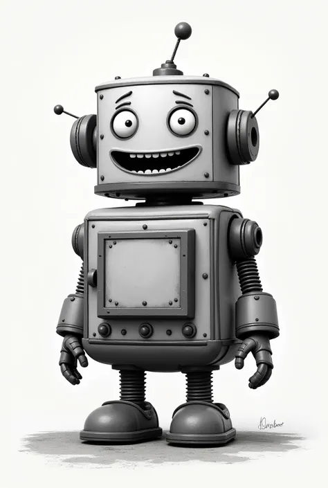 Robot with animation from the 1930s with large oven-shaped and happy body in black and white