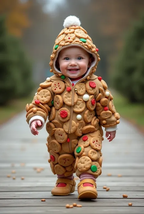 photo realistic, A real  human baby wearing a costume made of Christmas decorated cookies, the baby smiling and walking down the catwalk, the baby standing facing the camera, wearing matching shoes, Captured in realistic detail, natural textures and a vivi...