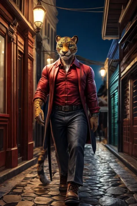 "Anthropomorphic jaguar male, muscular and adult, with golden fur, black rosettes, and piercing green eyes. He’s dressed like a Brazilian malandro: a white suit, a red shirt partially unbuttoned, and a white fedora with a red ribbon. He leans casually agai...