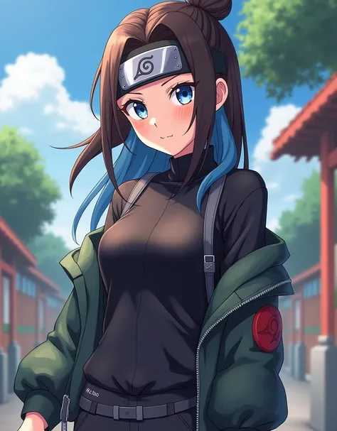 Anime style girl "Naruto", with brown hair ,  style womens clothes with one blue strand and gray-blue eyes,  with a hidden leaf village protector on her forehead , in  "Naruto" 