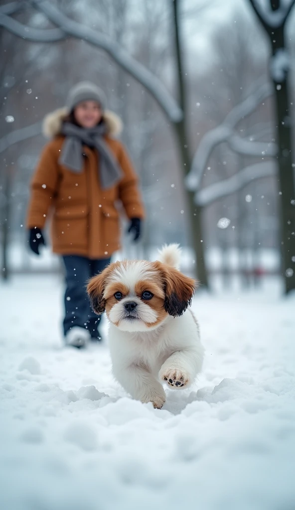 A Shih Tzu puppy with caramel and white fur walking beside a  in a snowy park. The  is bundled up in winter clothes and the puppy is playfully bounding through the snow. Cinematic, realistic, 4k.