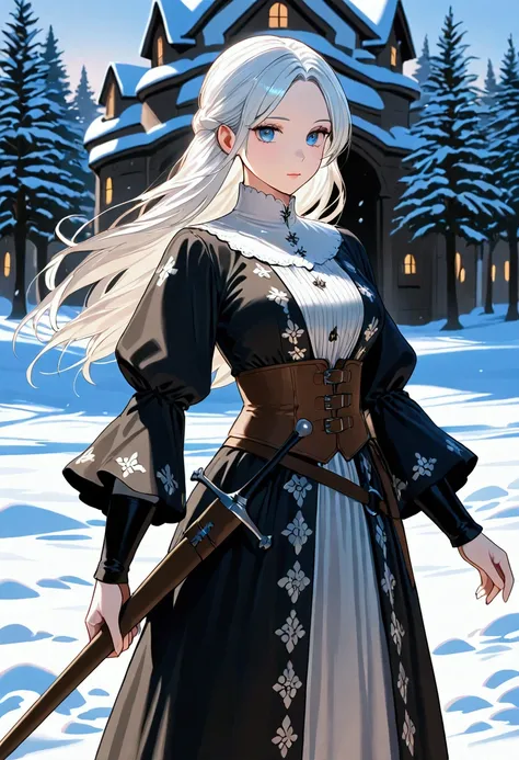 reply, 1 woman, white snow,  White Hair , Medieval accessories, dress