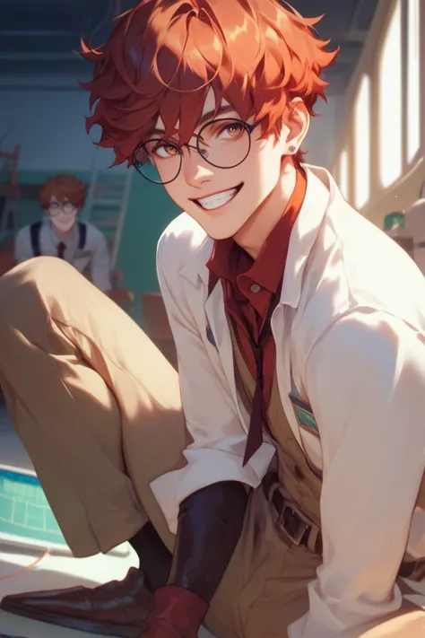 A male researcher with short brown-red hair, hazel eyes, round glasses, and a shy smile, working in a research room in a research room.Bangs, Put on a ground suit Be an experimenter Close your smile