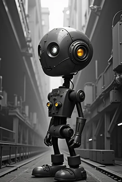 An old Disney animation robot from the 1930s in black and white in a factory with half the colored image