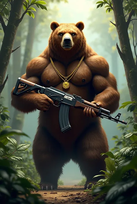  A muscular bear with a gold cord around his neck with a pendant in the shape of two, hes holding an AK-47 rifle and behind it is a jungle  