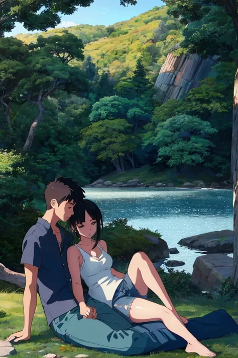 A peaceful outdoor scene in a semi-realistic anime style. A boy and a girl are relaxing on a lush green grassy field, gazing deeply into each other’s eyes with soft, affectionate expressions. The girl wears a flowing yellow one-piece dress, sitting gracefu...