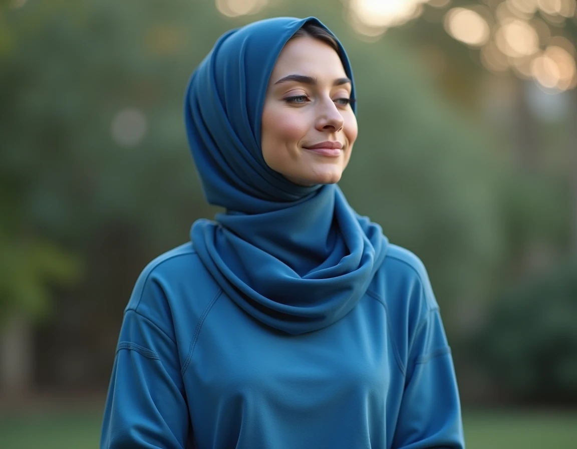 An image of a healthy lifestyle and a very attractive beautiful Iranian woman meditating and in a good mood with blue sportswear, blue sweatshirt with hijab and clothes worn with hijab.