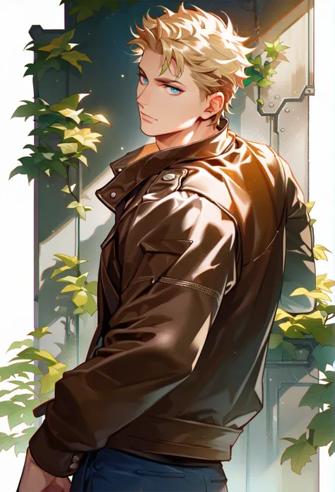 (Single:1.5), aldult, Male around the age of 25,  muscular ,  blonde hair,  blue eyes ,  Messy Short Hair,  grins , Leather jacket, Standing,  cyberpunk