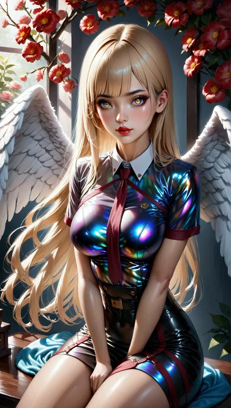 (masterpiece, aesthetic, detailed eyes, realistic), 1girl,(mahiru shiina, angel next door spoils me rotten), (Long smooth straight golden hair), (dark iridescent eyes), (large bust, large hips, slim waist), (sitting in uniform), (super detail, ultra sharp,...