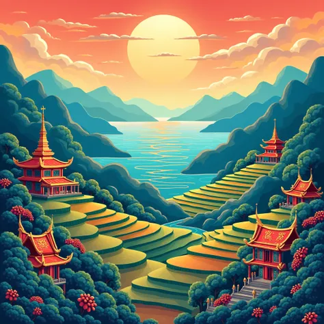  Create a flat vector-style landscape illustration using Red (#FF0000), Gold (#FFD700), and Blue (#3776AB). Include elements of Southeast and Eastern Asia like Rice Terrace, Paddy Field, Mountain, Ocean, Temple, Textile Pattern, Wave Pattern, and Architect...