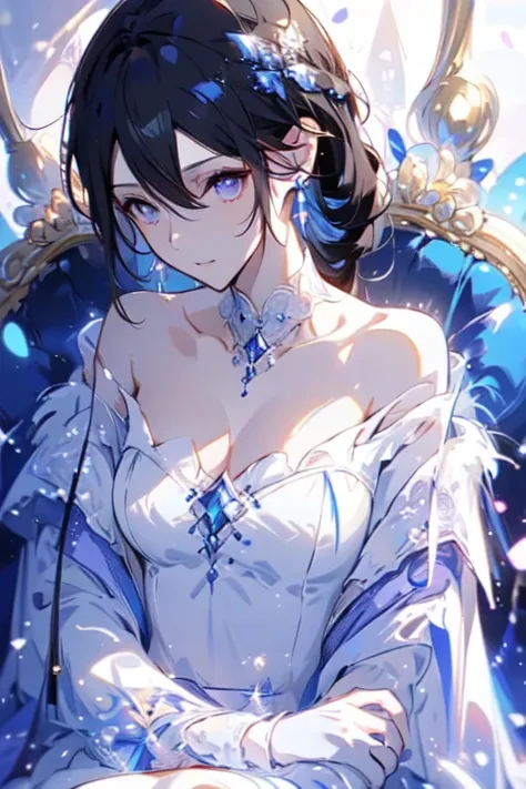  Quality Best ,  very detailed , masterpiece, Super Fine, (Reality: 1.2),  1 girl at home, ( white background ),  Clean Background ,  Delicate eyes, black hair,  purple eyes , hair_ ornament , (White off-the-shoulder shirt: 1.3), long hair, Sharp_ear, crow...