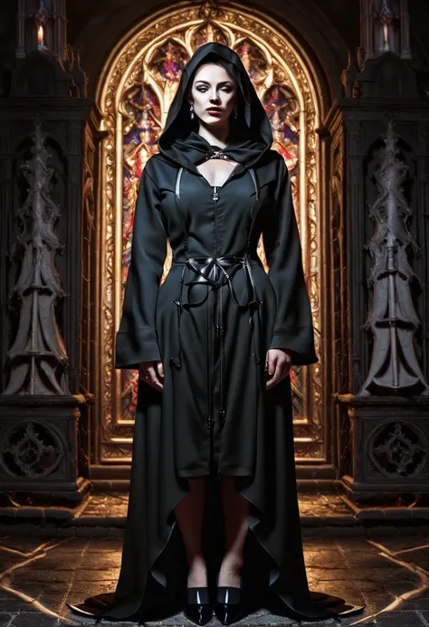 beautiful sexy badass nun, coat and hood, suspenders, high heels, stand In front of an old altar, intricate details, hyper-realistic, cinematic lighting, dramatic colors, chiaroscuro, dark fantasy, 8k, photorealistic, masterpiece