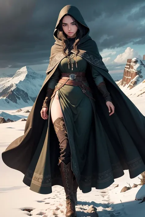 "A mysterious woman standing on a windy, snow-covered mountain path. She has piercing green eyes and long black hair that flows dramatically in the strong wind. She is wearing a travelers outfit made of rugged, dark-colored fabric, with a hooded cloak part...