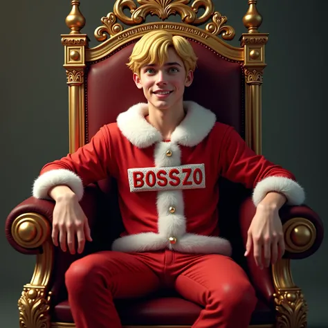 25year old man, Short blonde hair, sitting on a Throne, wearing a Christmas costume, with a text BossZo on it