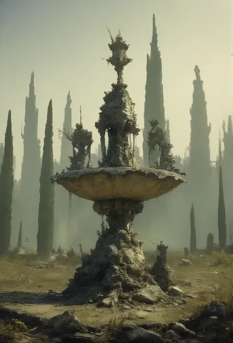 Une vieille fontaine du 17eme siècle plutôt ronde, fissurée et à moitié à labondon avec statues dessus dans un très grand jardin dun hectare, en période dautomne, dans le brouillard et la brume.