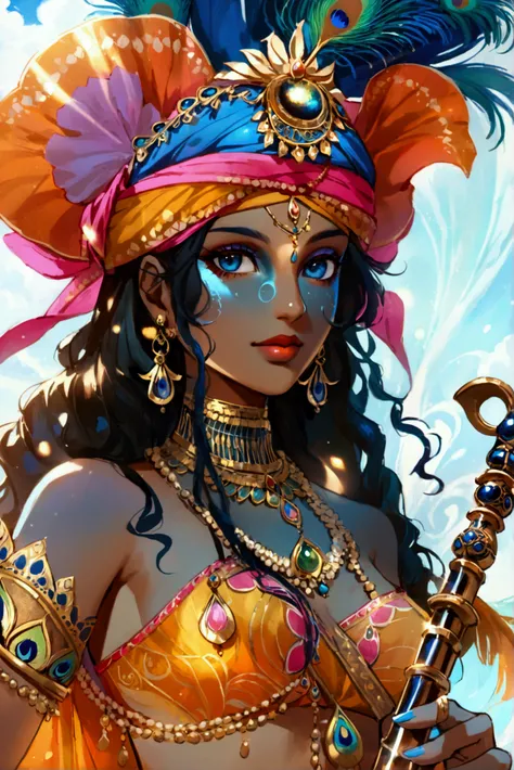 A vibrant and adventurous depiction of Radha and Krishna reimagined as pirates while retaining their divine essence and iconic traits. Radha exudes a radiant golden-white glow and has a confident, adventurous look. She wears a flowing, asymmetrical transpa...