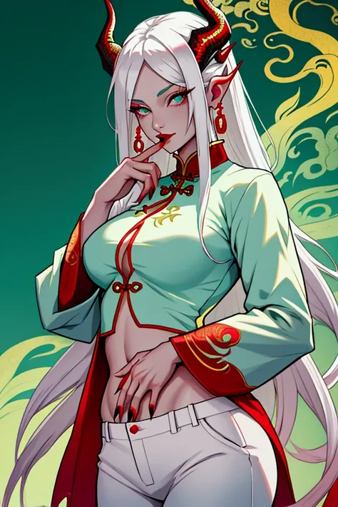 Adult girl, very long white hair, turquoise eyes, Dragon horns, long red fingernails, white tight trousers, green Chinese shirt, long sleeves, golden jewelry, open breasts, open belly, wide neckline, sexy, magic tattoo, red lipstick, Dragon Goddess, Master...