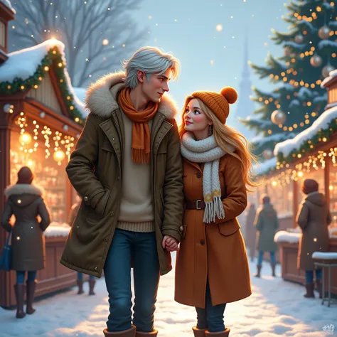 Incredibly beautiful young femme fatale blonde with long golden hair and blue eyes, in warm winter clothes,white and orange scarf, strolling through the Christmas market with a tall, handsome,statuesque, courageous young man with long white hair, blue eyes...