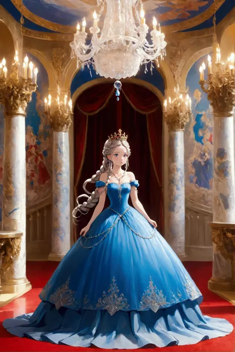 anime art style, In a magnificent castle hall, a  wearing a blue princess dress stands under a huge crystal chandelier surrounded by exquisite murals and decorations. Her hair was braided into exquisite braids, and she wore a small crown on her head. The s...