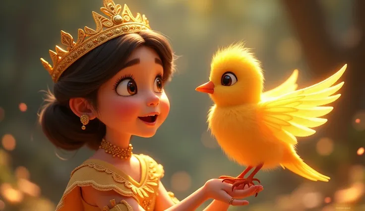 Animated image: A young  cute curious princess wearing a golden, intricately designed crown with glowing light emanating from it,looking amazed as a glowing golden bird perches on her shoulder, its feathers shimmering with magical light.