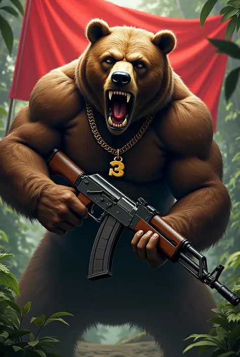 An angry muscular bear with a gold cord around its neck with a pendant in the shape of the number two, hes holding an AK-47 rifle and behind it is a jungle with an all-red flag set on it 