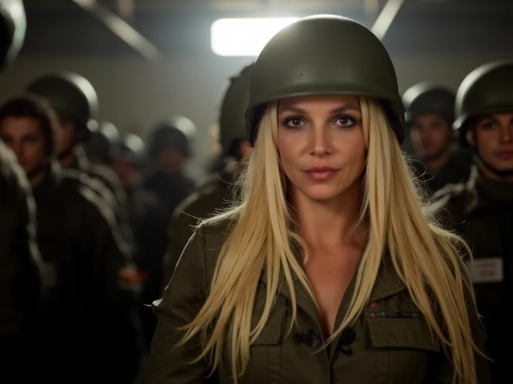 a photo of Britney Spears, Britney, like a movie screenshot, cinematic, dramatic light, dramatic, dark color scheme, wearing an army outfit with a helmet, army of soldiers behind her slightly blurry, camera lens effect, realistic proportions