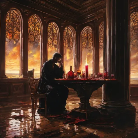 "An epic and dramatic artwork depicting a lone figure drinking to forget lost love. The scene features the figure sitting at a massive, weathered wooden table in a dark, ancient hall, surrounded by towering, broken columns and a storm raging outside. A glo...