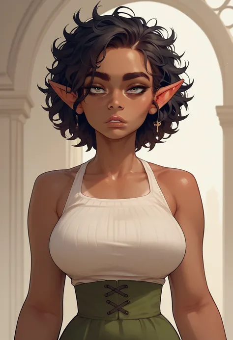 1female elf, looking at viewer, black hair, big eyebrows, messy hair, (tanned skin), (seductive expression: she’s toying with me and seduces me), small upper body in relation to big head, small waist, big breasts
BREAK
score_9, score_8_up, score_7_up, scor...