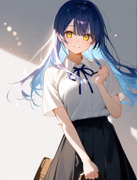 1girl, solo, student, white light burn blur blue long hair, holding a handbag  oranye yellow yellow eyes, wearing a short black skirt, wearing a school uniform shirt, wearing a ribbon tie
simple background, white background,
detailed beautiful eyes, perfec...