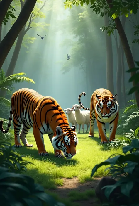 A tiger is grazing with sheep between jungle  and another tiger come to near and see you first tiger and socked