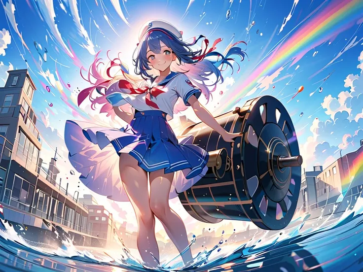  one beautiful high school girl、smile、Hold the cannon、( A high school girl shooting a cannon)、Seven colors released vigorously 、 a colorful ribbon dances 、 sexy sailor suit 、 Refreshing Blue Sky、 vibrant colors、Diffuse reflection of light 、 dynamic composi...