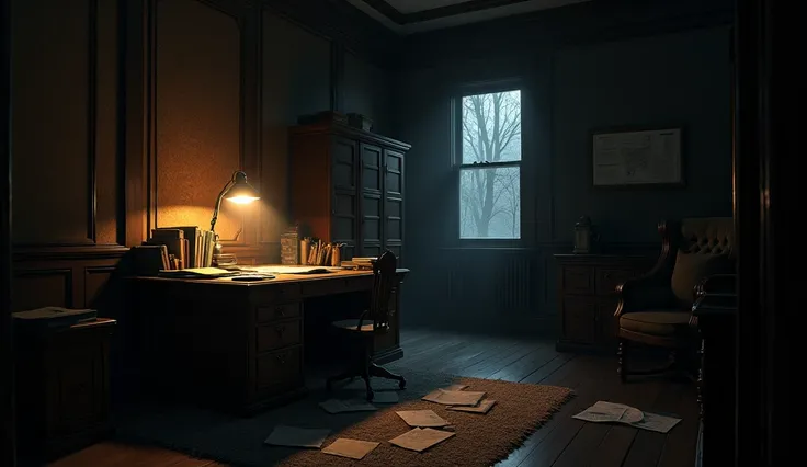 A dimly lit office, filled with antique furniture, dark wood paneling, and a large desk. The desk is cluttered with papers, and a faint glow of light from a desk lamp casts deep shadows on the walls. The room feels heavy