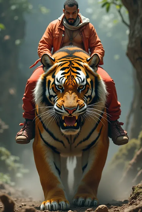 There was a man in handsome colored pants who was riding a giant tiger. 