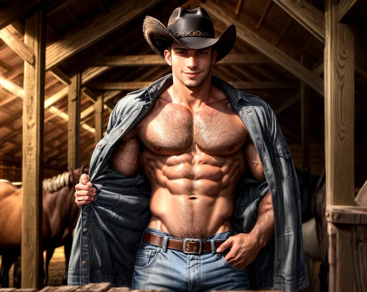  male focus, only focus, muscular, strong,  hairy, male, ( shirtless : 1) , A handsome black man ,  19-year-old cowboy in the ranch barn wearing a black hat, skinny, Scruffy face , arrogant smile, ( intricate details ,  Masterpiece,  HIGH QUALITY,  Best Qu...