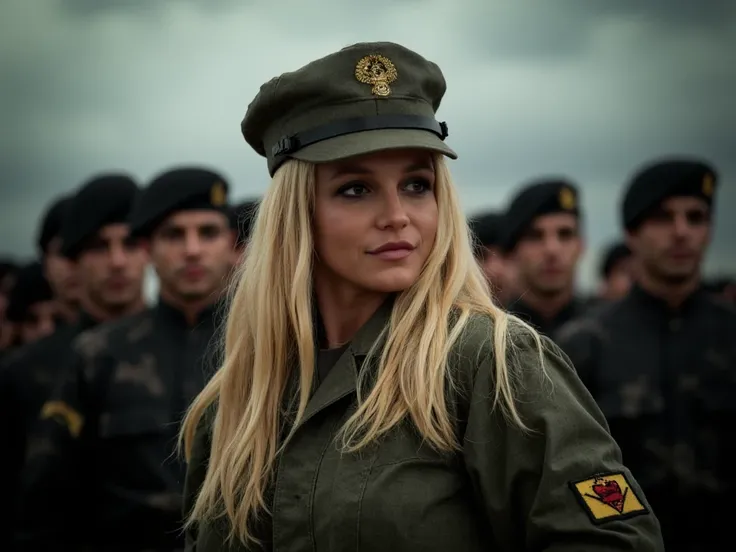 a photo portrait of Britney Spears, Britney, like a movie screenshot, cinematic, war movie poster, dramatic light, dramatic, dark color scheme, wearing an army outfit with a military cap, army general outfit, camouflage pattern, green camouflage army outfi...