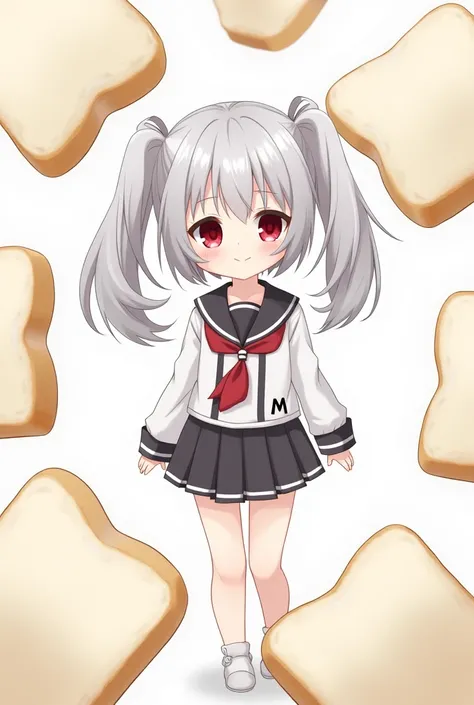  cat、Young girl、 Twin Tails 、Gray Hair、Red Eye、 sailor suit、 M lettering、White Bread