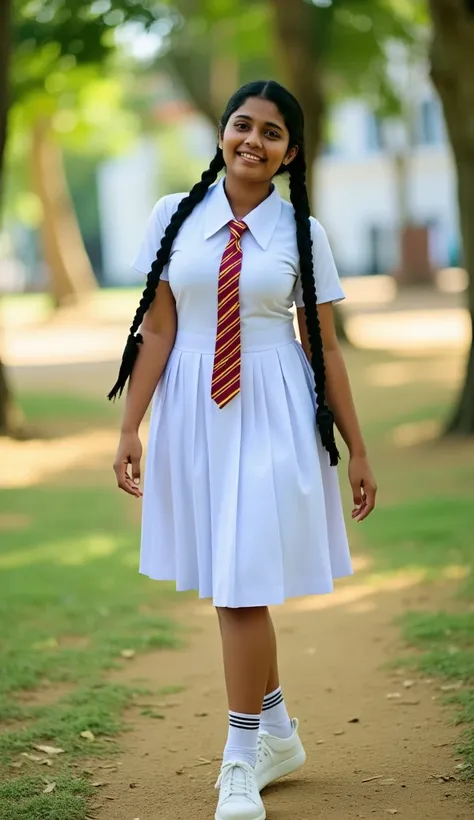 : A happy and cute 21-year-old Sri Lankan schoolgirl is walking through a park on the college campus. Apply a school background to match the picture and create a photo-realistic full image with confidence. She is dressed in a perfectly ironed white blouse,...