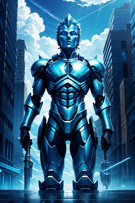  high definition , sky, clouds, spear weapon, shining, State-of-the-art robot, building, shining eyes, state-of-the-art mechanization,  science fiction , city, real, blue main mechanism, core in the chest,like Poseidon,