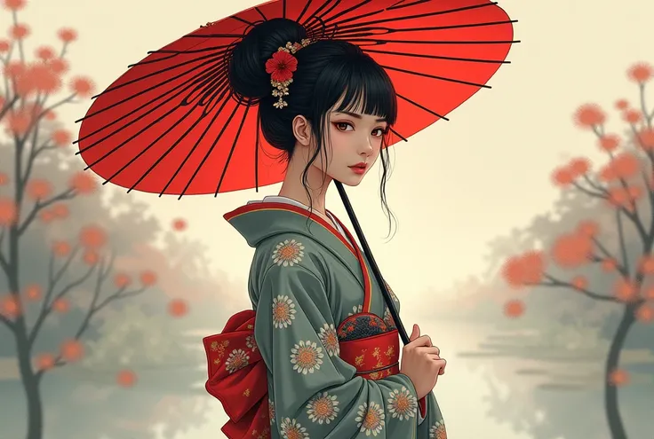 Picture of a woman in a kimono holding a red umbrella ,  Anime pictures inspired by Nishikawa Sukenobu,  pixiv Contest Winner , Ukiyo-e, Japanese painting style,  traditional Japanese concept art,  Japanese anime artist depicting a human girl 、by Oka Yasut...