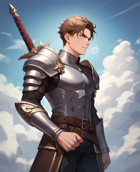 "A battle mage walking confidently through a rugged path, wearing dark leather armor with intricate rune engravings. He has messy brown hair and a determined expression. In one hand, he carries a sleek, enchanted sword that glows faintly with a mystical li...