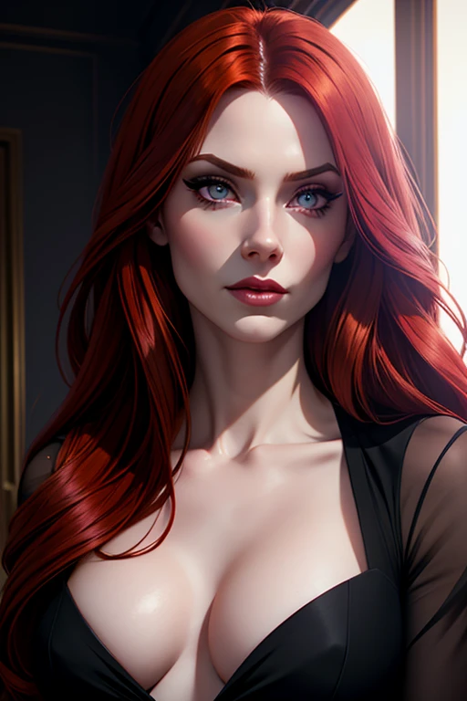 a  with long red hair ,  heterochromatic eyes , pale skin, flat chest,  wearing a black dress combined with a flawless pink blouse,  With a more elegant and sophisticated touch , Something that matches your mysterious and strong personality. general,  her ...