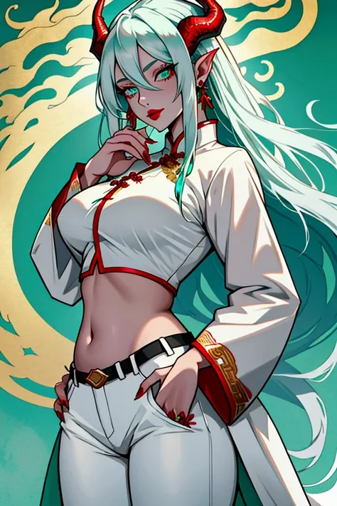 Adult girl, very long white hair, turquoise eyes, Dragon horns, long red fingernails, white tight trousers, green Chinese shirt, long sleeves, golden jewelry, open breasts, open belly, wide neckline, sexy, magic tattoo, red lipstick, Dragon Goddess, Master...