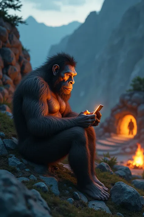 Meet the Neardenthal who was able to adapt to technology ,  he is surrounded by rocks and vegetation on the peak of a mountain where in the background you can see his cave adorned by a bonfire and where he is sitting in a cave watching a cell phone screen 