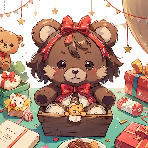  There is a teddy bear in the gift box，opened gift box ，festival， Decorated candies and snacks 。