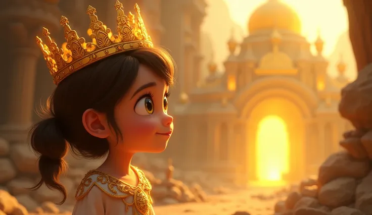 Animated image: A young  cute curious princess wearing a golden, intricately designed crown with glowing light emanating from it,princess gazing into a glowing vision of a ruined golden city, her expression a mix of awe and determination.