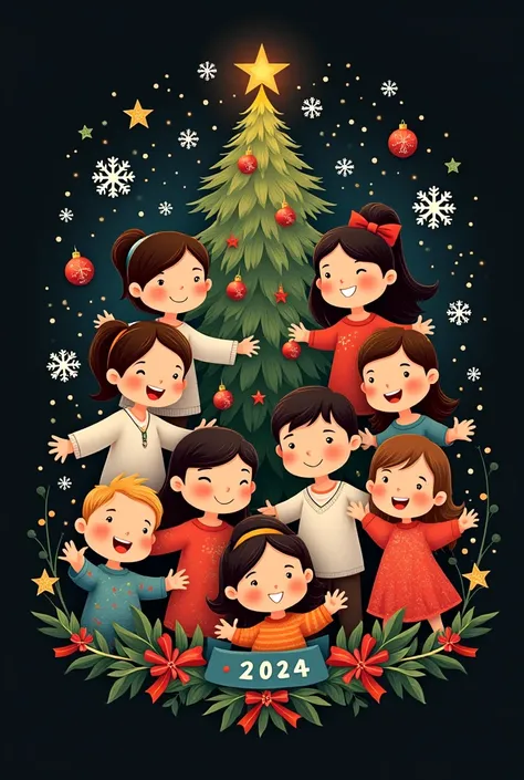  I need a nice print for a black t-shirt,  with Christmas design,  that has the year 2024 and is familiar,  y has the following names  :  Bellanid , Yesid , Andrew, Lili, VIVIANA, Manuel, Isabella, Matias, Juan, Camila,  Yulian 