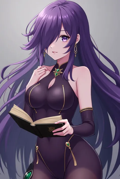  1 girl,  Looking at the viewer,  high resolution ,  hair over one eye ,  shiny hair ,  purple hair,  big breasts, Shiny Skin ,  Tight clothes  , fantasy , sorceress , notdlichter  , Valhalla , magic book , magic , Earrings , 